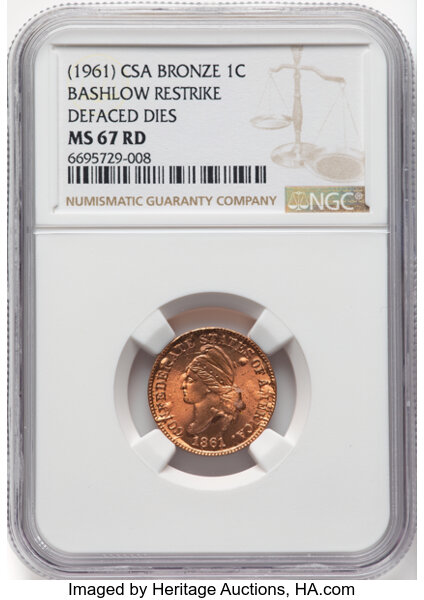 image for: (1961) Confederate States of America Cent, Bashlow Restrike, Defaced Dies, Breen-8013, Bertram-B861-206, Bronze, MS67 Red NGC....