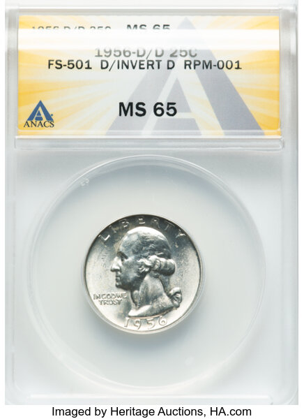 image for: 1956-D/D 25C D Over Inverted D, Repunched Mintmark 1, FS-501, MS65 ANACS. Mintage 32,334,500....