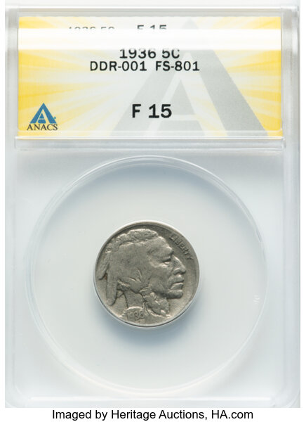 image for: 1936 5C Doubled Die Reverse-001, FS-801, Fine 15 ANACS....