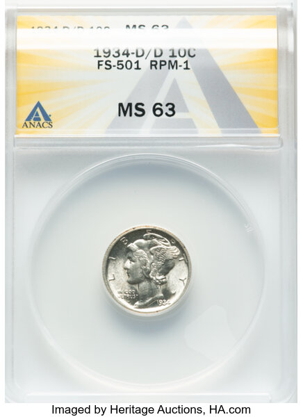 image for: 1934-D/D 10C Repunch Mintmark-1, FS-501, MS63 ANACS. ...