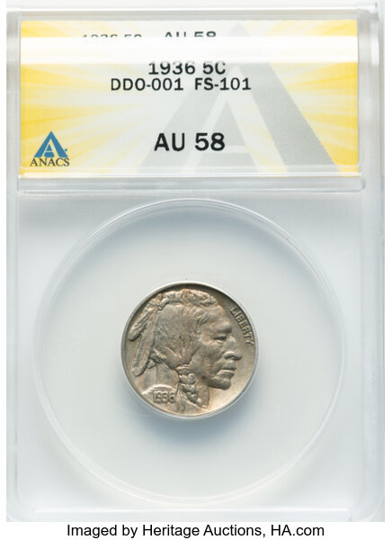 image for: 1936 5C Doubled Die Obverse-001, FS-101, AU58 ANACS....