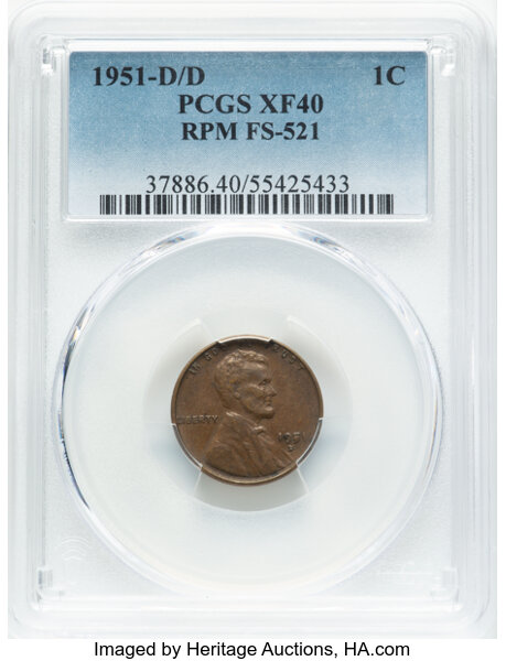 image for: 1951-D/D 1C Repunched Mintmark, FS-521, XF40 PCGS. PCGS Population: 4 in 40, 12 finer (11/25). Mintage 625,355,000....