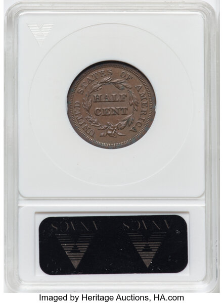 image for: 1851 1/2 C C-1, B-1, R.1 -- Corroded -- ANACS Details. UNC Details, Net AU50. Housed in a small-sized holder.  Mintage ...