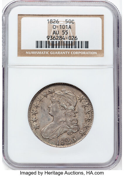 image for: 1826 50C O-101a, R.2, AU55 NGC. NGC Census: 3 in 55, 11 finer (10/25). CDN: $400 Whsle. Bid for NGC/PCGS AU55. Mintage 4,00...