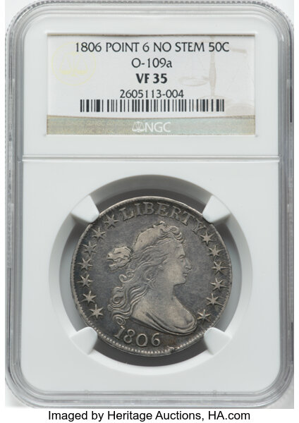 image for: 1806 50C Pointed 6, No Stem, O-109a, T-15, R.3, VF35 NGC. NGC Census: (7/12)....