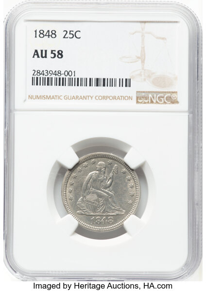 image for: 1848 25C AU58 NGC. NGC Census: 3 in 58, 12 finer (10/25). CDN: $750 Whsle. Bid for NGC/PCGS AU58. Mintage 146,000. ...