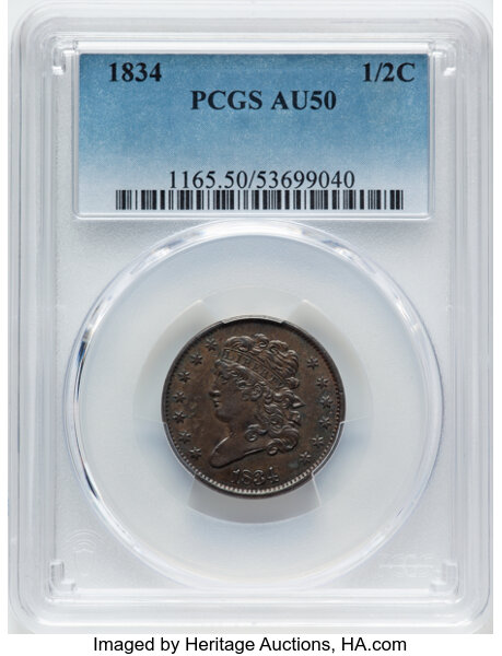 image for: 1834 1/2 C C-1, B-1, R.1, AU50 PCGS. PCGS Population: 76 in 50, 647 finer (10/25). CDN: $140 Whsle. Bid for NGC/PCGS AU50. ...