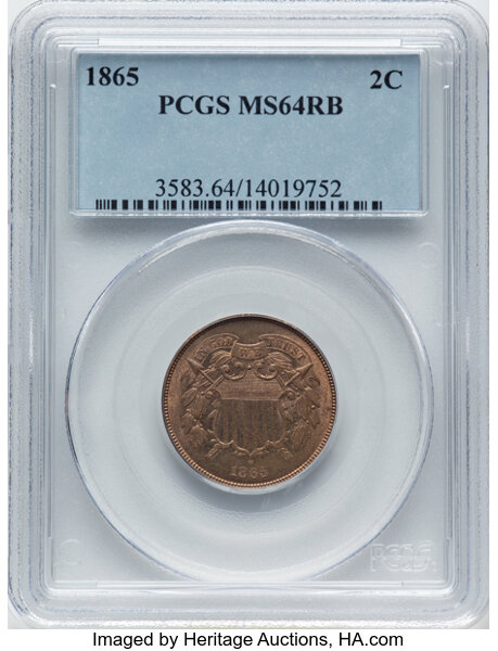 image for: 1865 2C Fancy 5, MS64 Red and Brown PCGS.  Mintage 13,640,000....