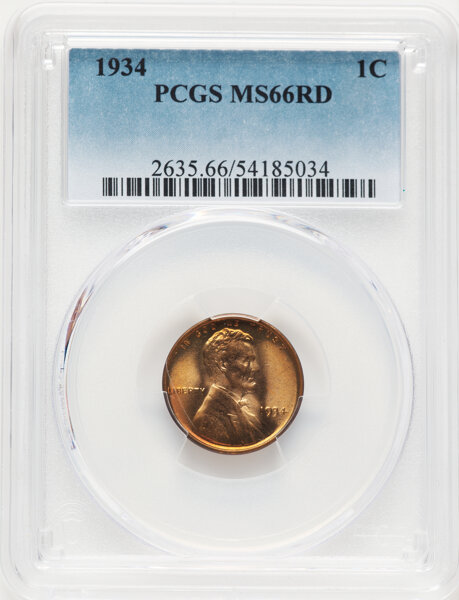 1934 1C MS66 Red PCGS. CDN: $40 Whsle. Bid for NGC/PCGS MS66. Mintage 219,080,000. ...