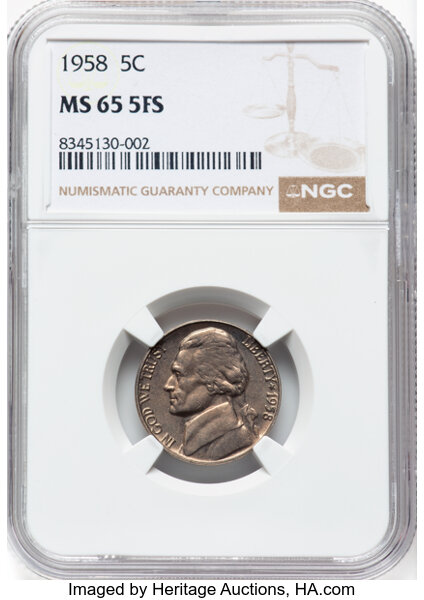 image for: 1958 5C MS65 Full Steps NGC. NGC Census: 63 in 65, 25 finer (11/25). CDN: $150 Whsle. Bid for NGC/PCGS MS65. ...