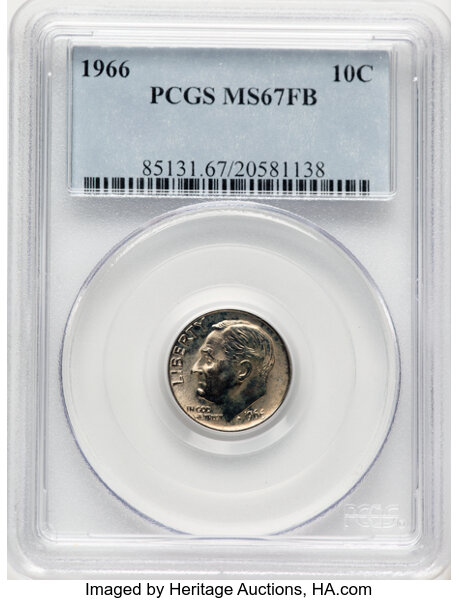 image for: 1966 10C MS67 Full Bands PCGS. PCGS Population: 17 in 67 (1 in 67+), 3 finer (11/25). CDN: $600 Whsle. Bid for NGC/PCGS MS6...
