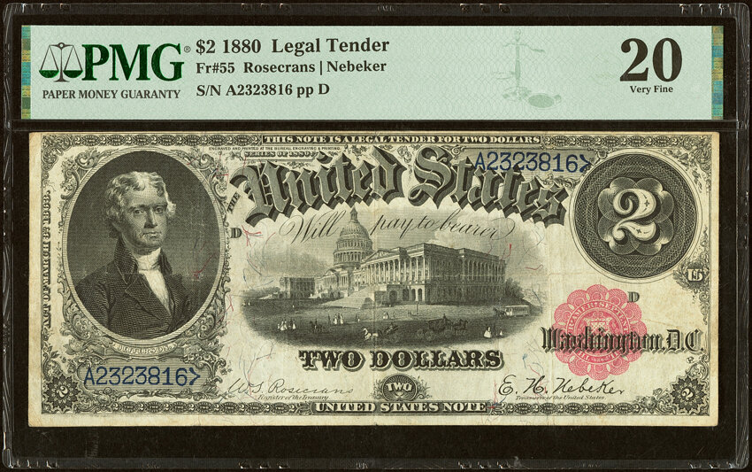 image for: Fr. 55 $2 1880 Legal Tender PMG Very Fine 20....