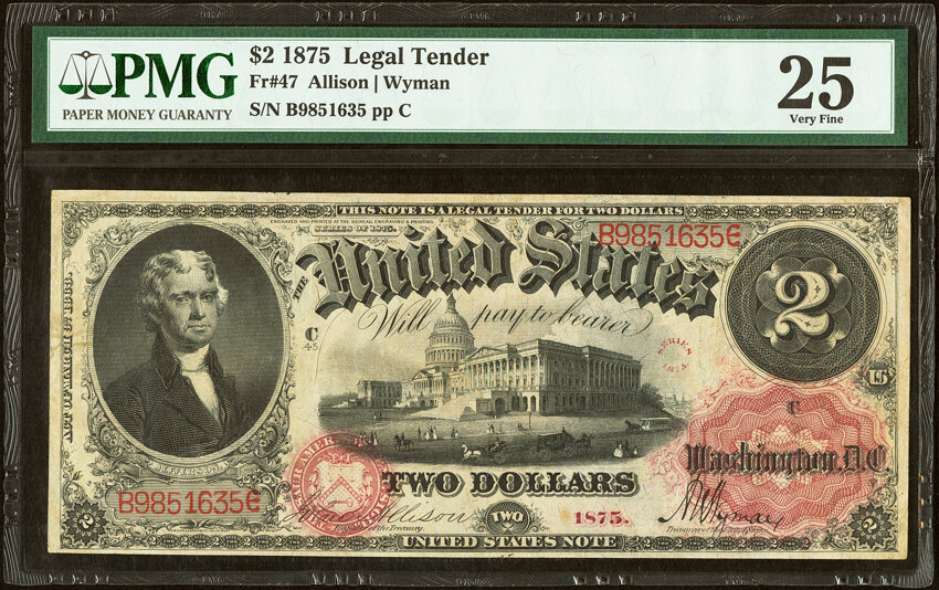 image for: Fr. 47 $2 1875 Legal Tender PMG Very Fine 25....