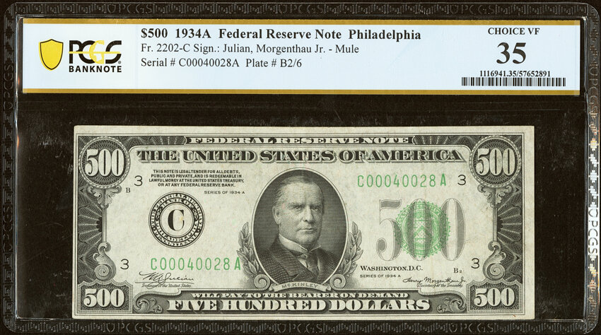 image for: Fr. 2202-C $500 1934A Federal Reserve Note. PCGS Banknote Choice VF 35....