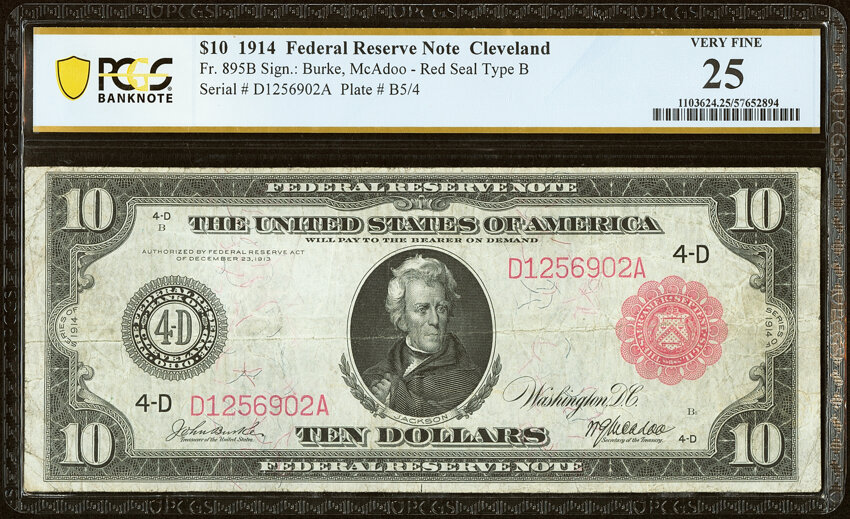 image for: Fr. 895b $10 1914 Red Seal Federal Reserve Note PCGS Banknote Very Fine 25....