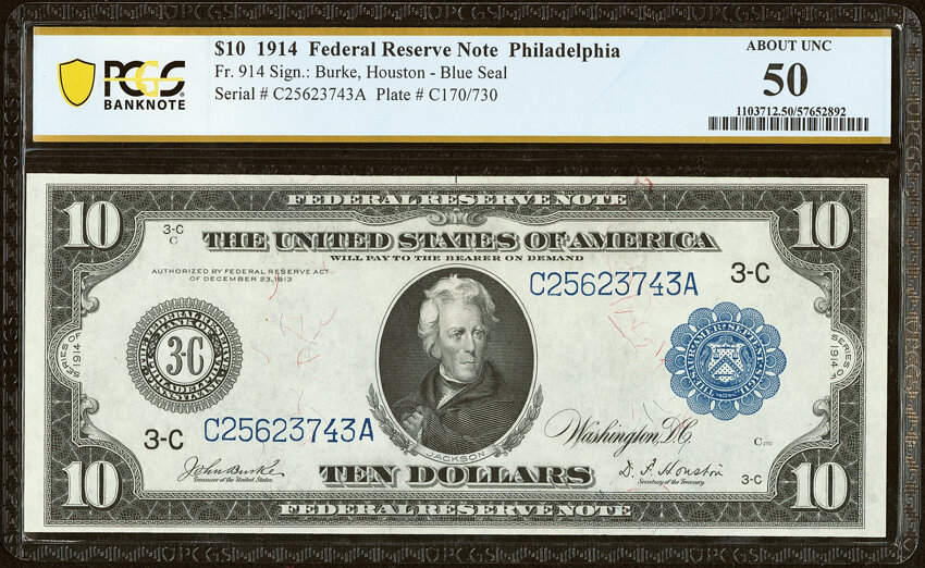 image for: Fr. 914 $10 1914 Federal Reserve Note PCGS Banknote About Unc 50....