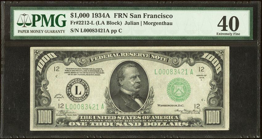 image for: Fr. 2212-L $1,000 1934A Federal Reserve Note. PMG Extremely Fine 40....