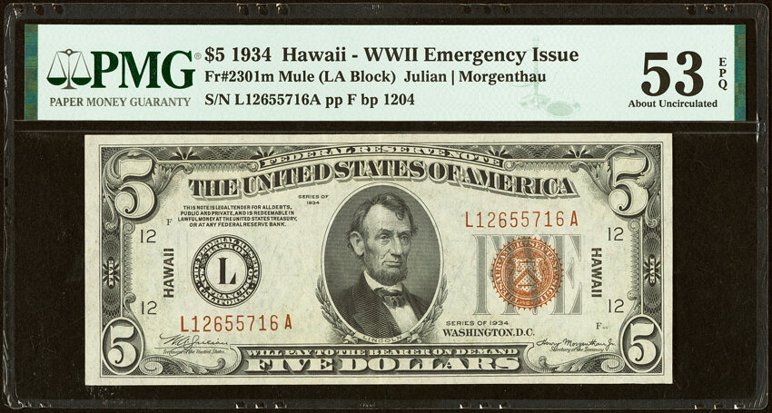 image for: Fr. 2301 $5 1934 Mule Hawaii Federal Reserve Note. PMG About Uncirculated 53 EPQ....