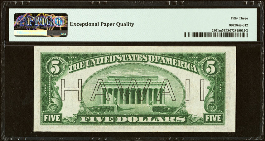 image for: Fr. 2301 $5 1934 Mule Hawaii Federal Reserve Note. PMG About Uncirculated 53 EPQ....