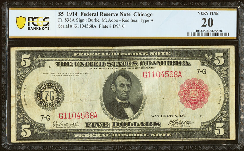 image for: Fr. 838a $5 1914 Red Seal Federal Reserve Note PCGS Banknote Very Fine 20....