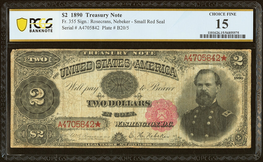 image for: Fr. 355 $2 1890 Treasury Note PCGS Banknote Choice Fine 15....