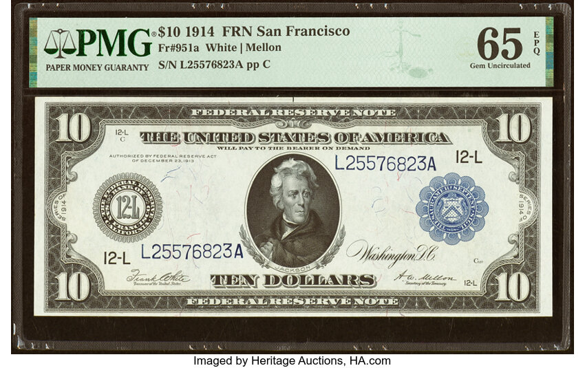 image for: Fr. 951a $10 1914 Federal Reserve Note PMG Gem Uncirculated 65 EPQ....
