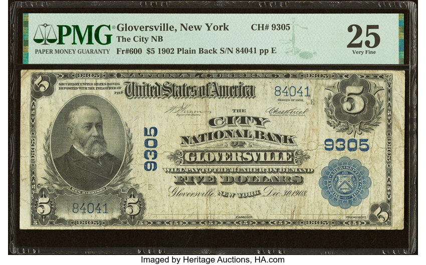 image for: Gloversville, NY - $5 1902 Plain Back Fr. 600 The City National Bank Ch. # 9305 PMG Very Fine 25....