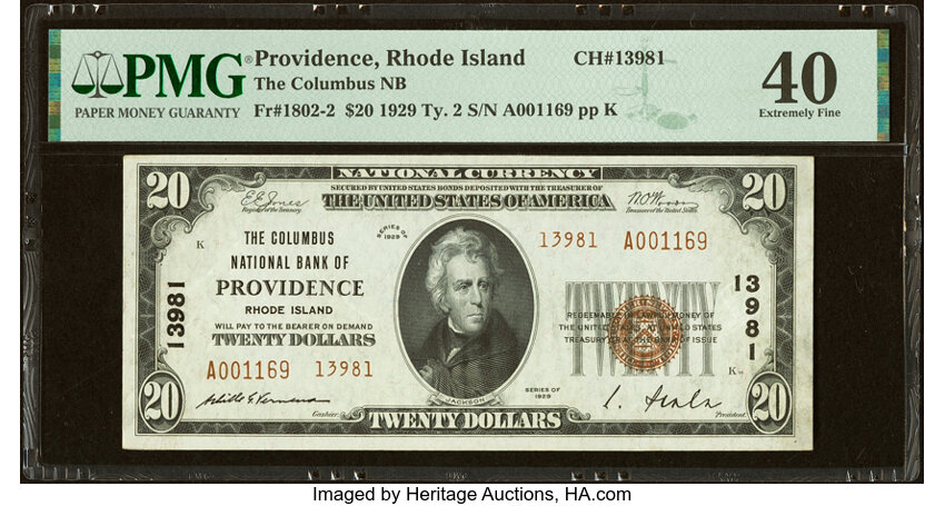 image for: Providence, RI - $20 1929 Ty. 2 The Columbus National Bank Ch. # 13981 PMG Extremely Fine 40....