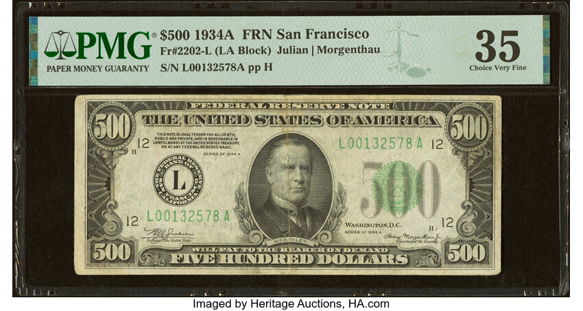image for: Fr. 2202-L $500 1934A Federal Reserve Note. PMG Choice Very Fine 35....