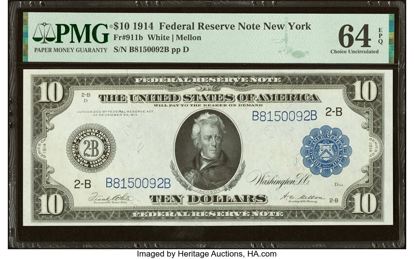 image for: Fr. 911a $10 1914 Federal Reserve Note PMG Choice Uncirculated 64 EPQ....