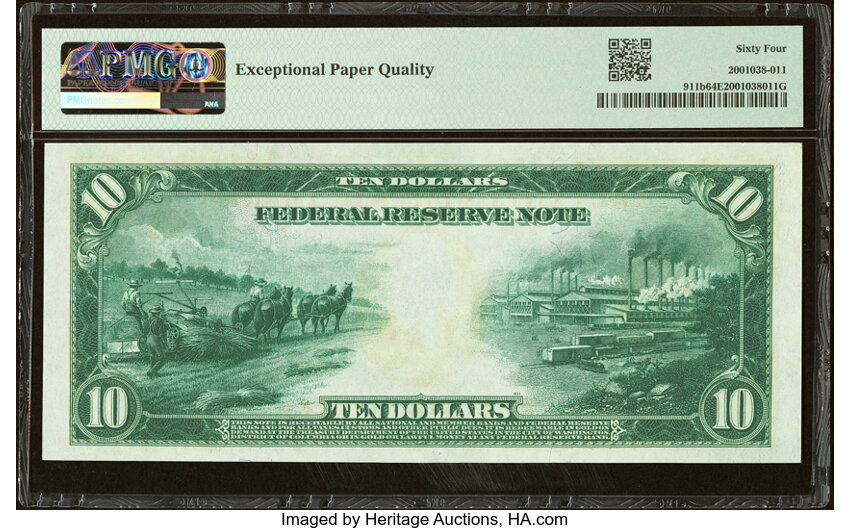 image for: Fr. 911a $10 1914 Federal Reserve Note PMG Choice Uncirculated 64 EPQ....