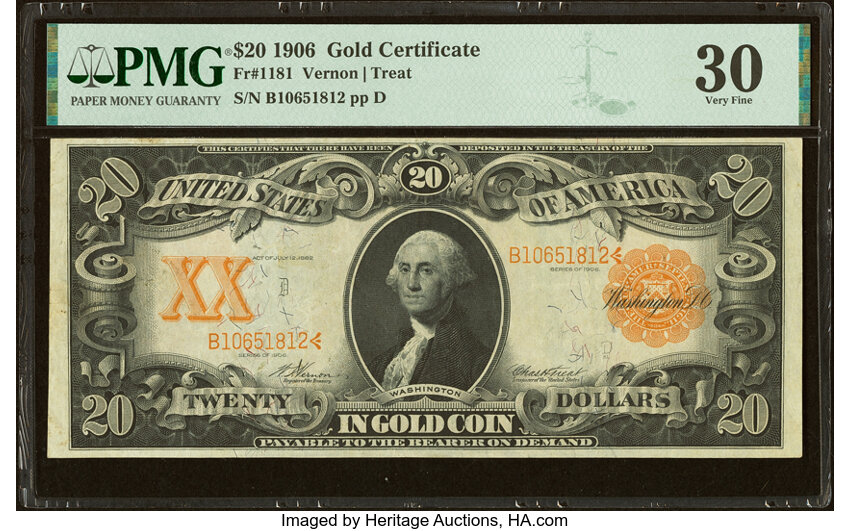 image for: Fr. 1181 $20 1906 Gold Certificate PMG Very Fine 30....