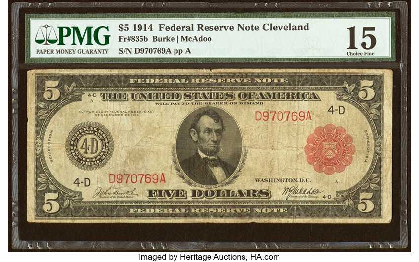 image for: Fr. 835b $5 1914 Red Seal Federal Reserve Note PMG Choice Fine 15....