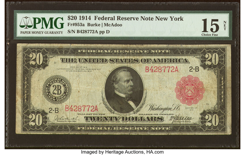 image for: Fr. 953a $20 1914 Red Seal Federal Reserve Note PMG Choice Fine 15 Net....