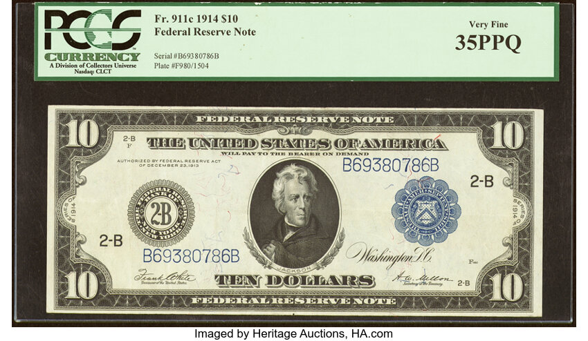 image for: Fr. 911c $10 1914 Federal Reserve Note PCGS Very Fine 35PPQ....