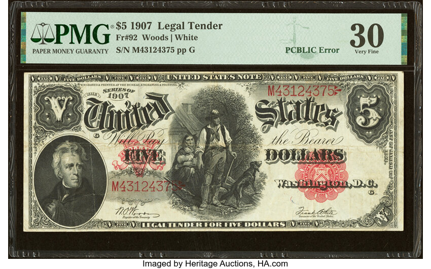 image for: Fr. 92 $5 1907 "PCBLIC" Error Legal Tender PMG Very Fine 30....