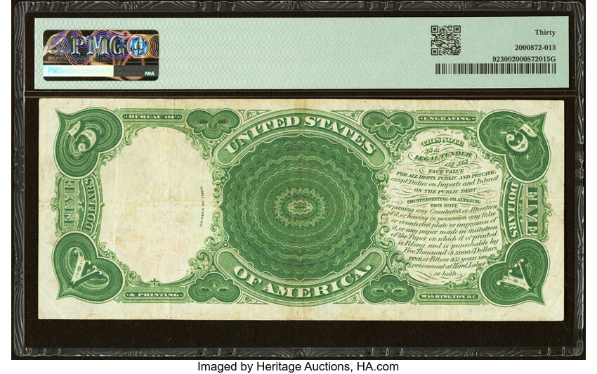 image for: Fr. 92 $5 1907 "PCBLIC" Error Legal Tender PMG Very Fine 30....