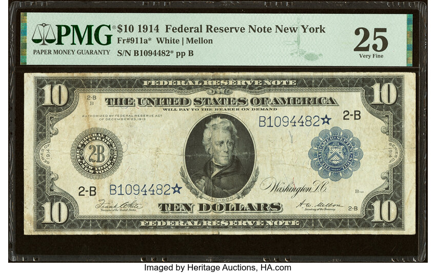 image for: Fr. 911a* $10 1914 Federal Reserve Star Note PMG Very Fine 25....