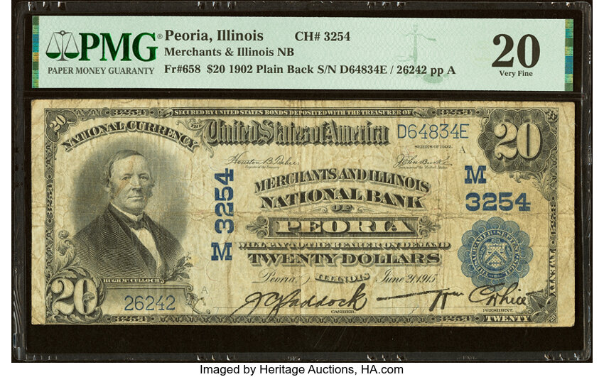 image for: Peoria, IL - $20 1902 Plain Back Fr. 658 Merchants & Illinois National Bank Ch. # (M)3254 PMG Very Fine 20....
