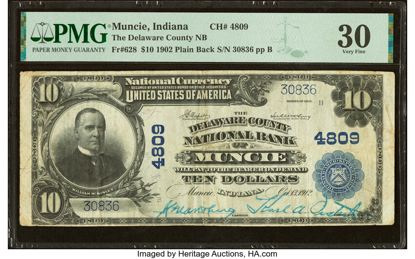 image for: Muncie, IN - $10 1902 Plain Back Fr. 628 The Delaware County National Bank Ch. # 4809 PMG Very Fine 30....