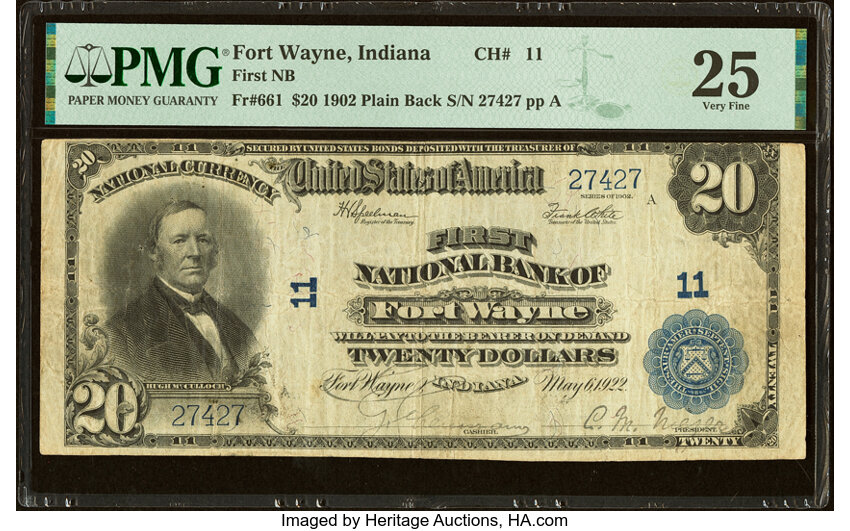 image for: Fort Wayne, IN - $20 1902 Plain Back Fr. 661 The First National Bank Ch. # 11 PMG Very Fine 25....