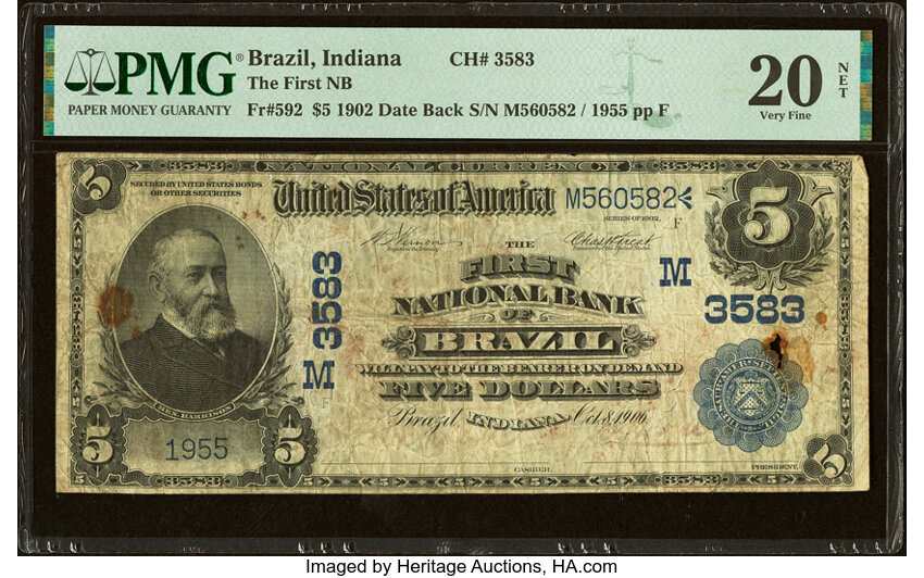 image for: Brazil, IN - $5 1902 Date Back Fr. 592 The First National Bank Ch. # (M)3583 PMG Very Fine 20 Net....