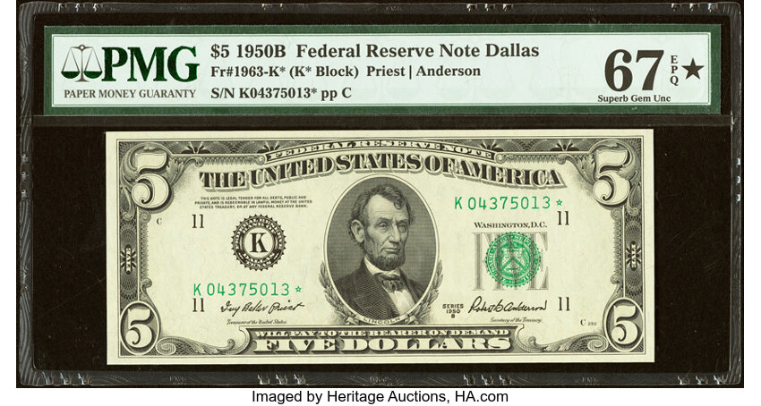 image for: Fr. 1963-K* $5 1950B Federal Reserve Star Note. PMG Superb Gem Unc 67 EPQ*....