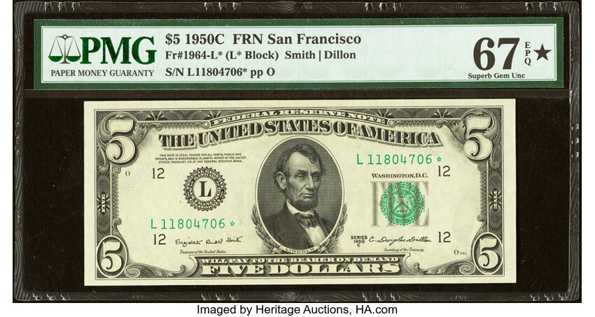 image for: Fr. 1964-L* $5 1950C Federal Reserve Star Note. PMG Superb Gem Unc 67 EPQ*....
