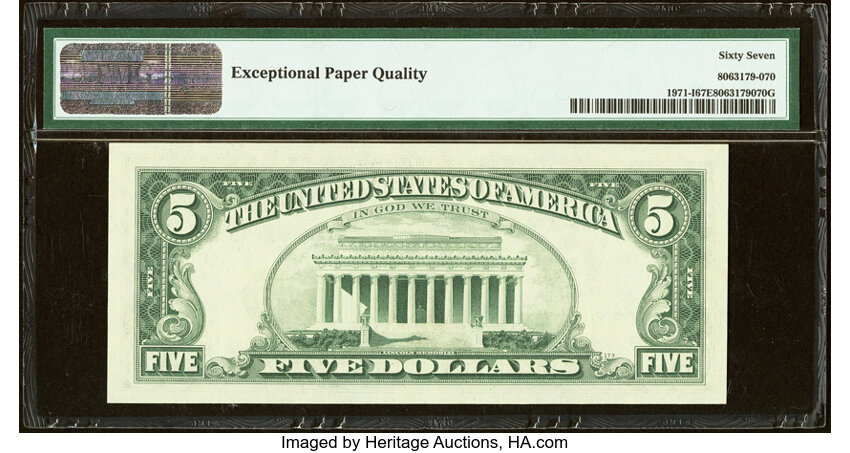 image for: Fr. 1971-I $5 1969B Federal Reserve Note. PMG Superb Gem Unc 67 EPQ....