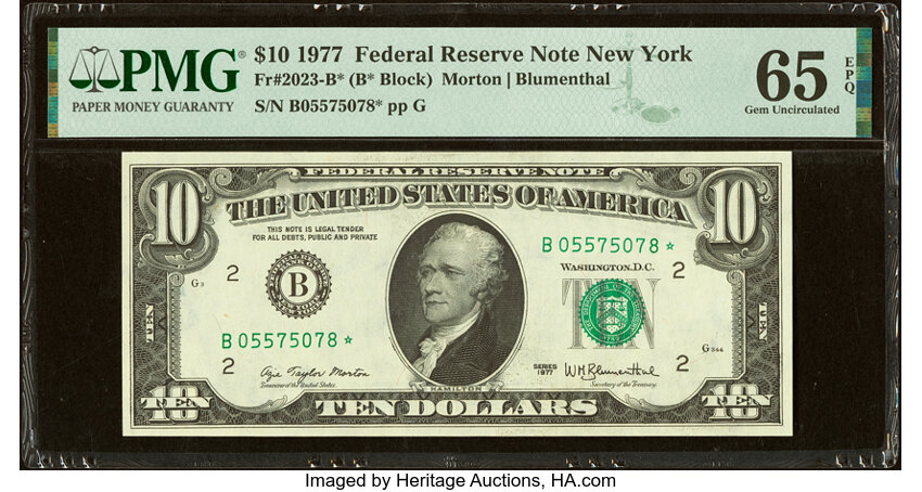 image for: Fr. 2023-B* $10 1977 Federal Reserve Star Note. PMG Gem Uncirculated 65 EPQ....