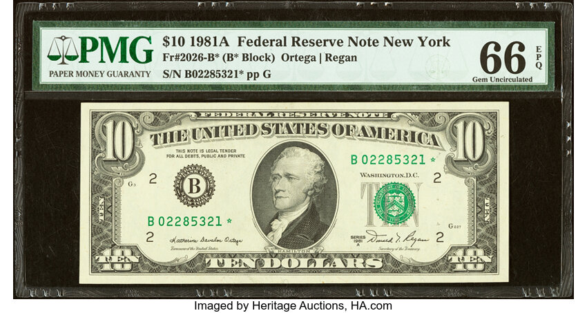 image for: Fr. 2026-B* $10 1981A Federal Reserve Star Note. PMG Gem Uncirculated 66 EPQ....
