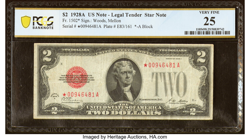 image for: Fr. 1502* $2 1928A Legal Tender Star Note. PCGS Banknote Very Fine 25....