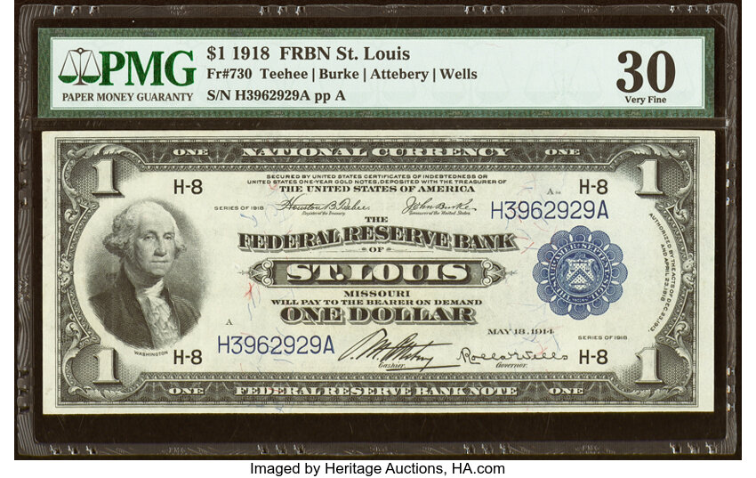 image for: Fr. 730 $1 1918 Federal Reserve Bank Note PMG Very Fine 30....