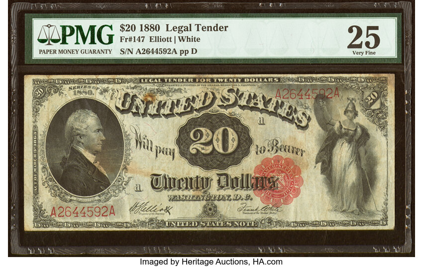 image for: Fr. 147 $20 1880 Legal Tender PMG Very Fine 25....